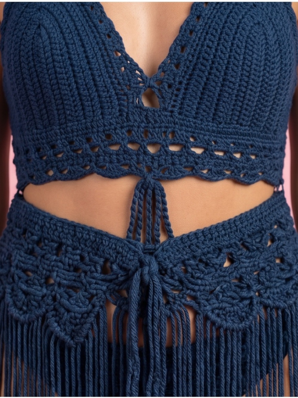 Boho Navy macramé Halter Bikini Top and Fringe swimsuit cover-up Skirt Set LARGE - Picture 8 of 13